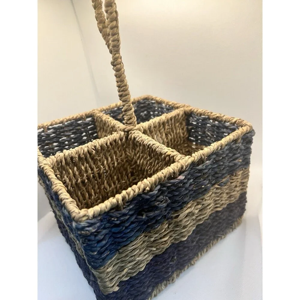 Seagrass Basket Vintage silverware caddy Blue Handle Ocean Decor summer table